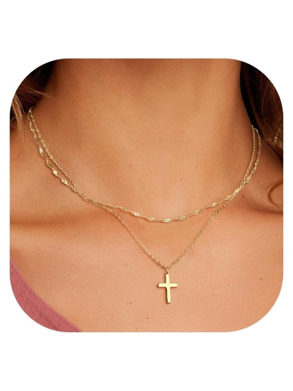 14k Gold Plated Cross Pendant Necklace Set Stackable Non Tarnish